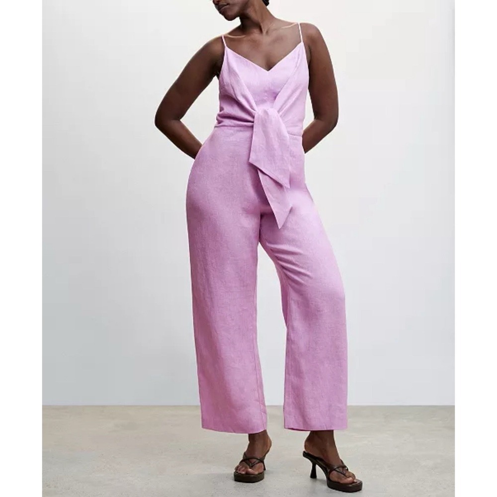 New MNG Mango 100% Linen Knot Sleeveless Jumpsuit Lilac Size Medium (US)